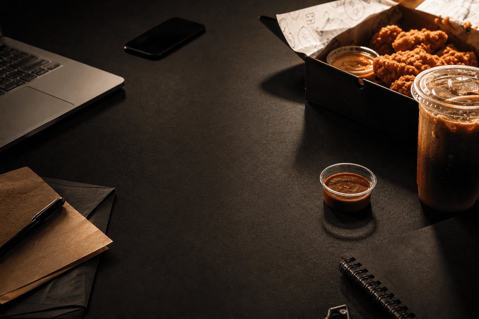On The Way contact table with laptop, phone, chicken box, and cafe drink