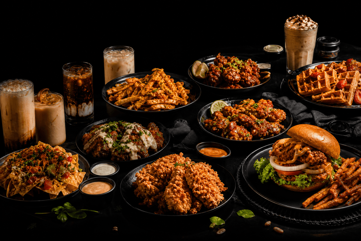 On The Way menu spread of chicken flavors, sides, waffles, and cafe drinks