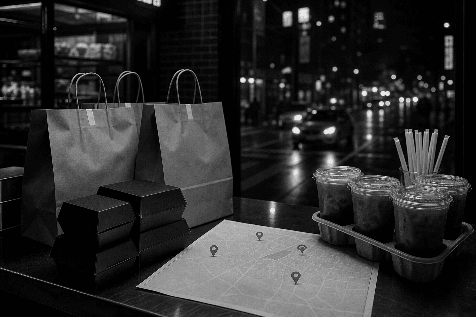 On The Way branch locator scene with takeout bags, drinks, and map pins