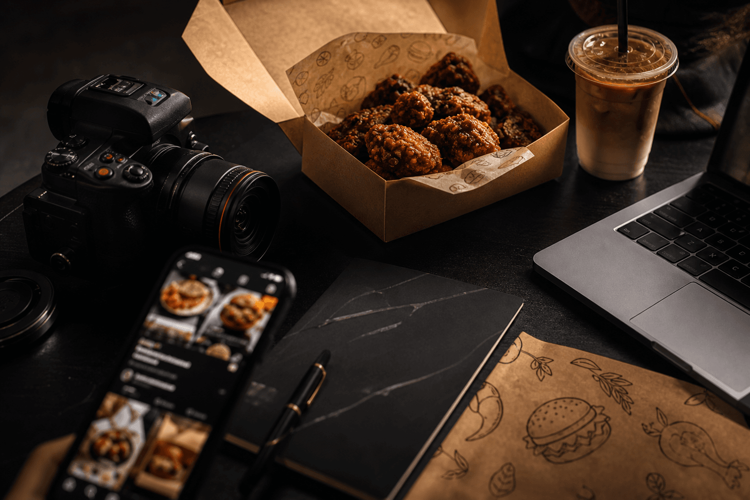 On The Way services content desk with camera, chicken, and cafe drink