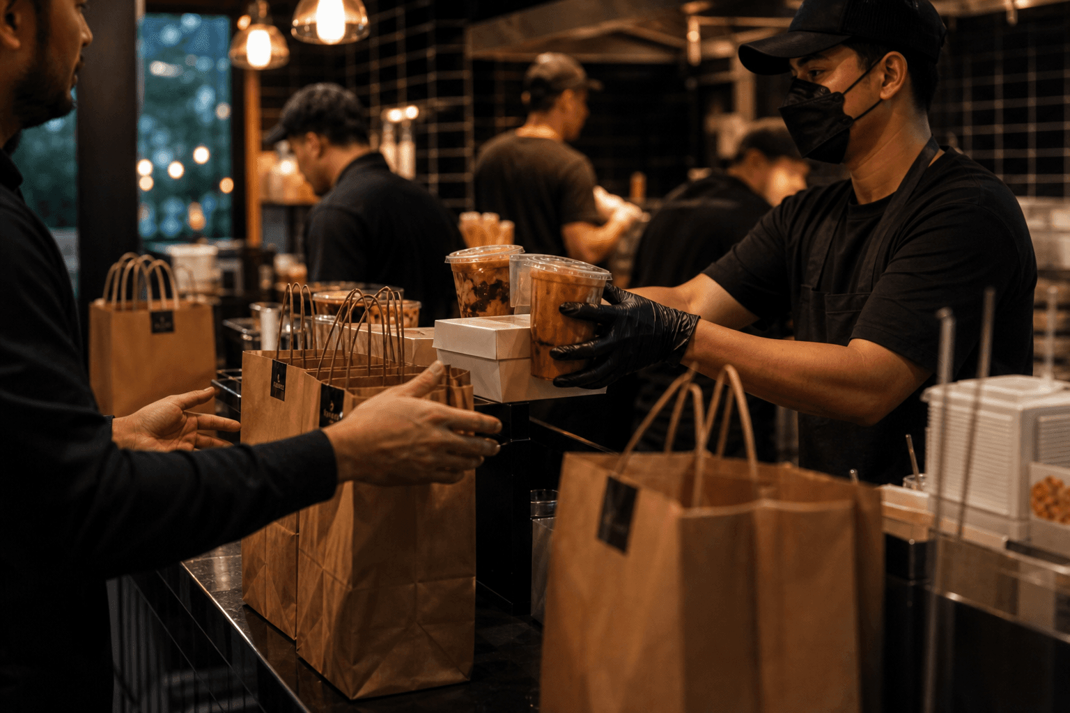 On The Way branch rhythm counter handoff with drinks and takeout bags