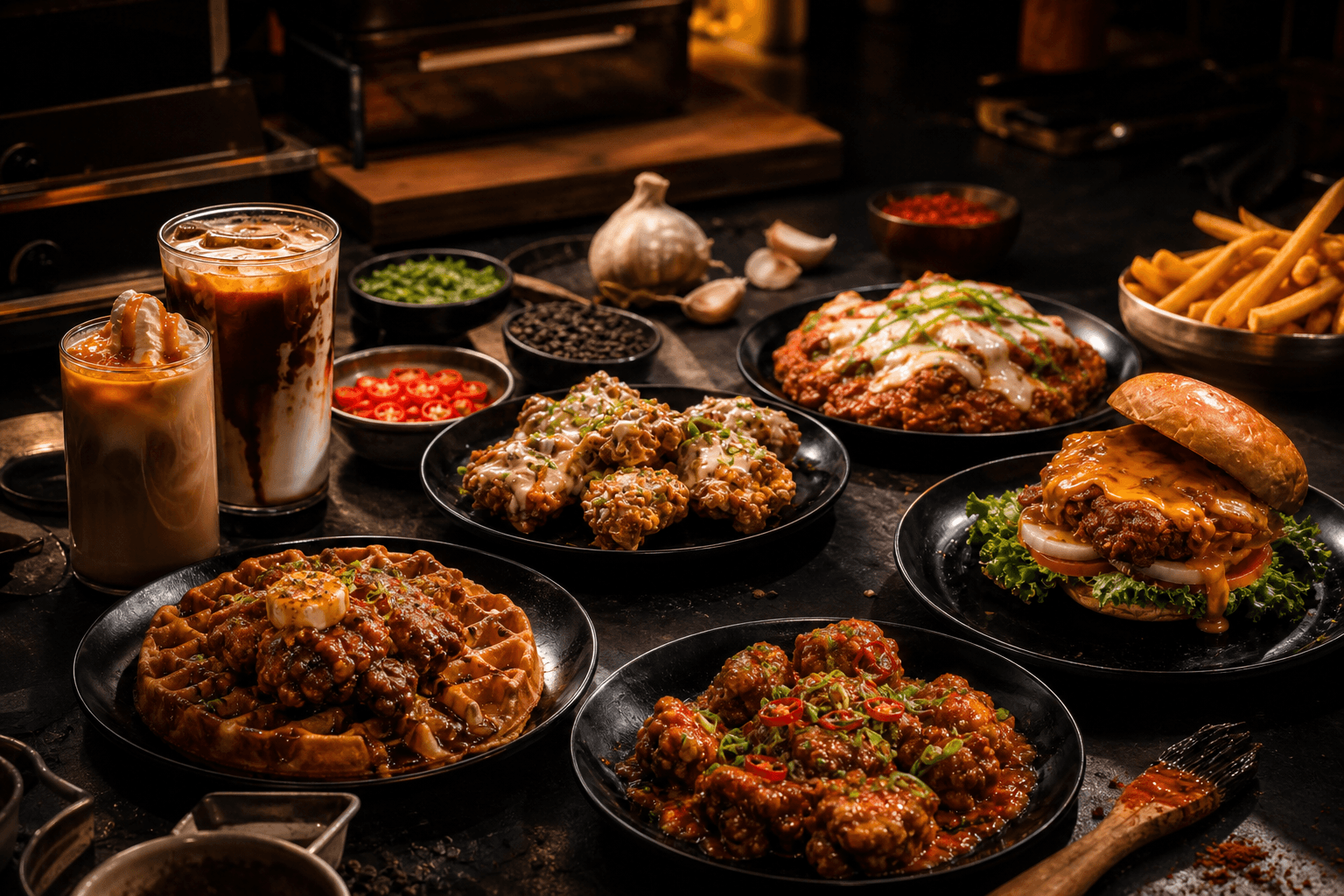 On The Way menu drop test table with chicken, waffles, fries, and drinks