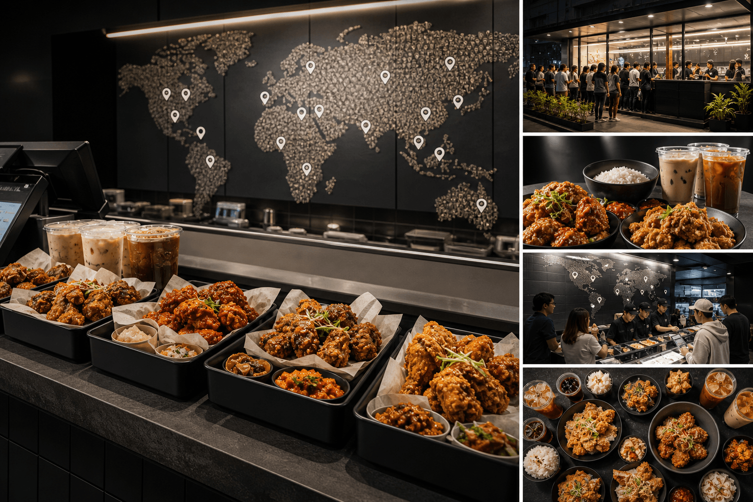 On The Way multi-branch expansion scene with storefront, chicken, cafe drinks, and map pins