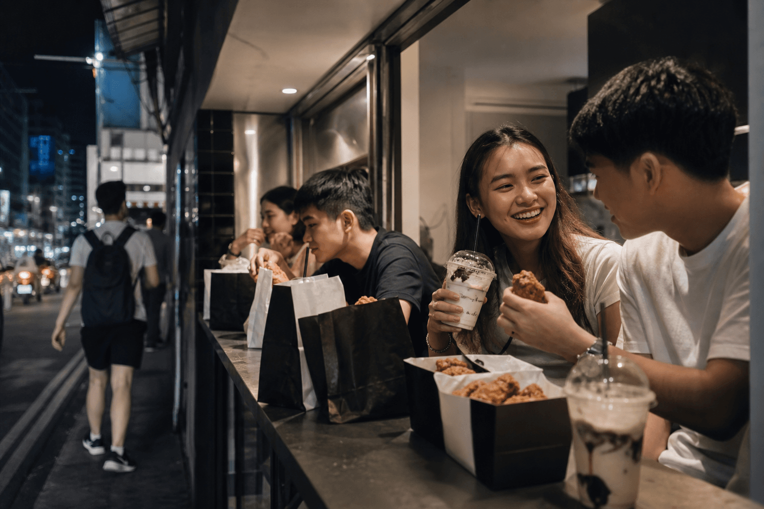 On The Way Malate bar-style seating with frappes, chicken takeout, and Taft avenue energy