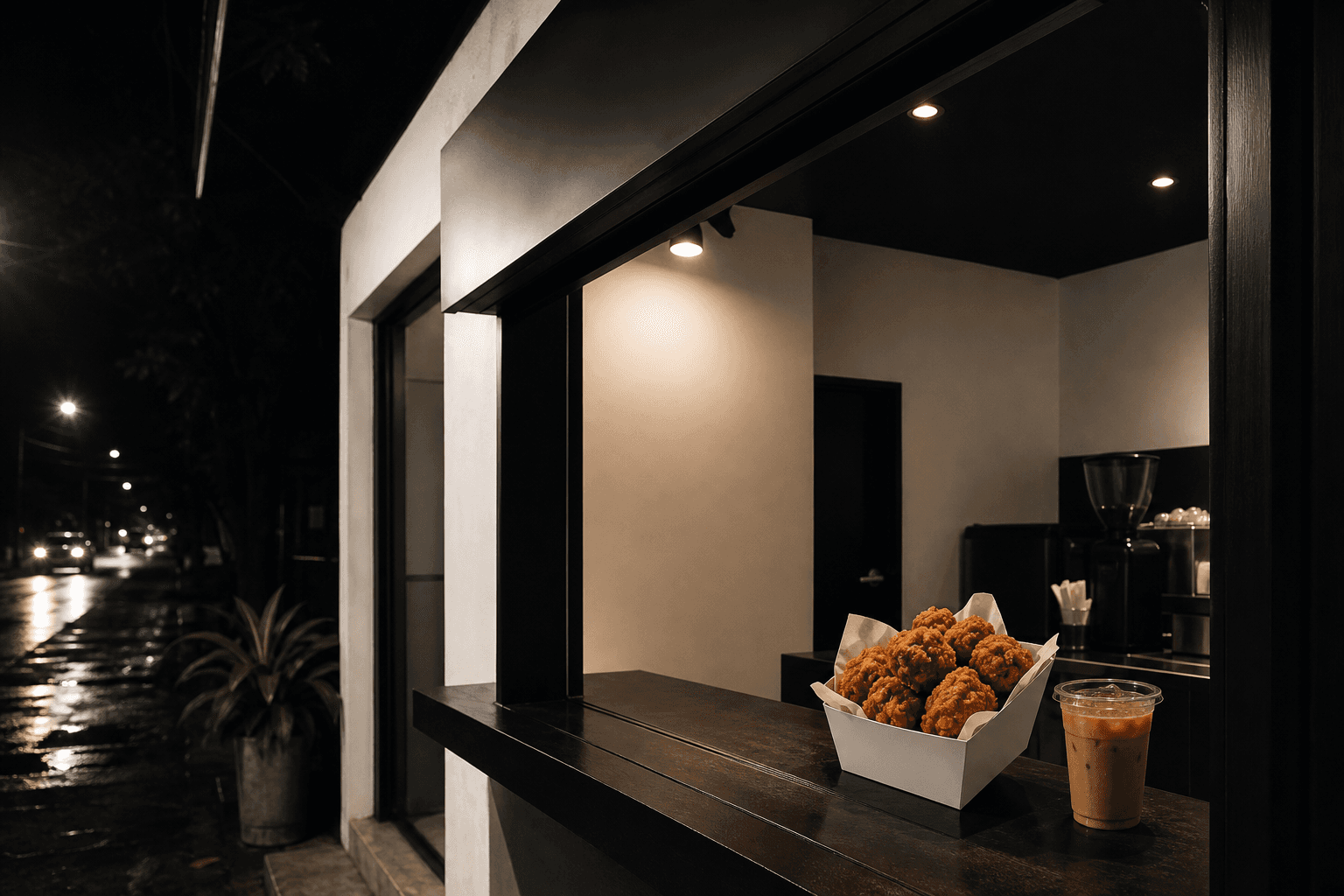 On The Way Novaliches storefront at night with counter glow, chicken, and iced coffee