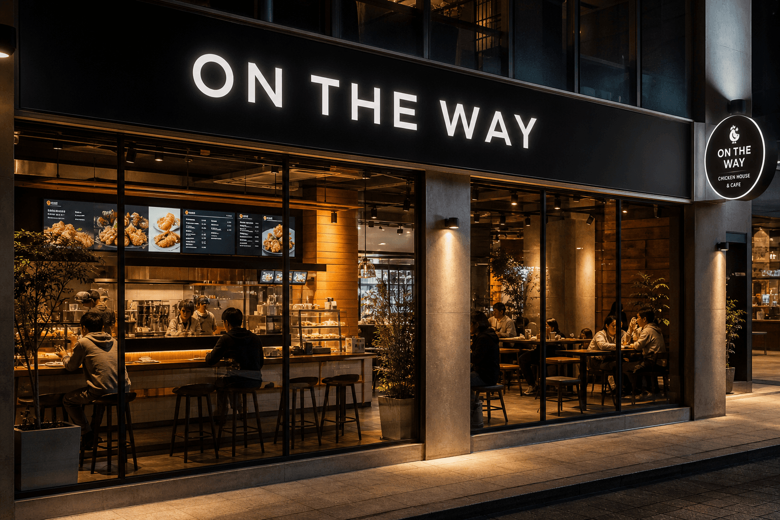 On The Way dine-in franchise storefront with glass facade and cafe seating