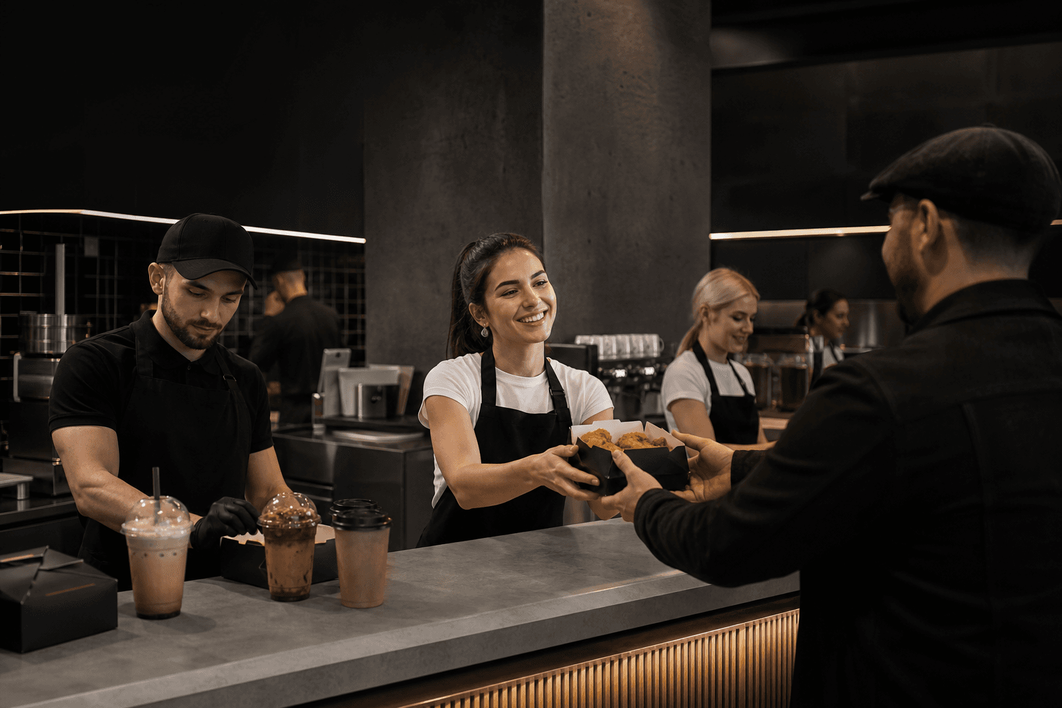 On The Way store team handing off chicken takeout and cafe drinks