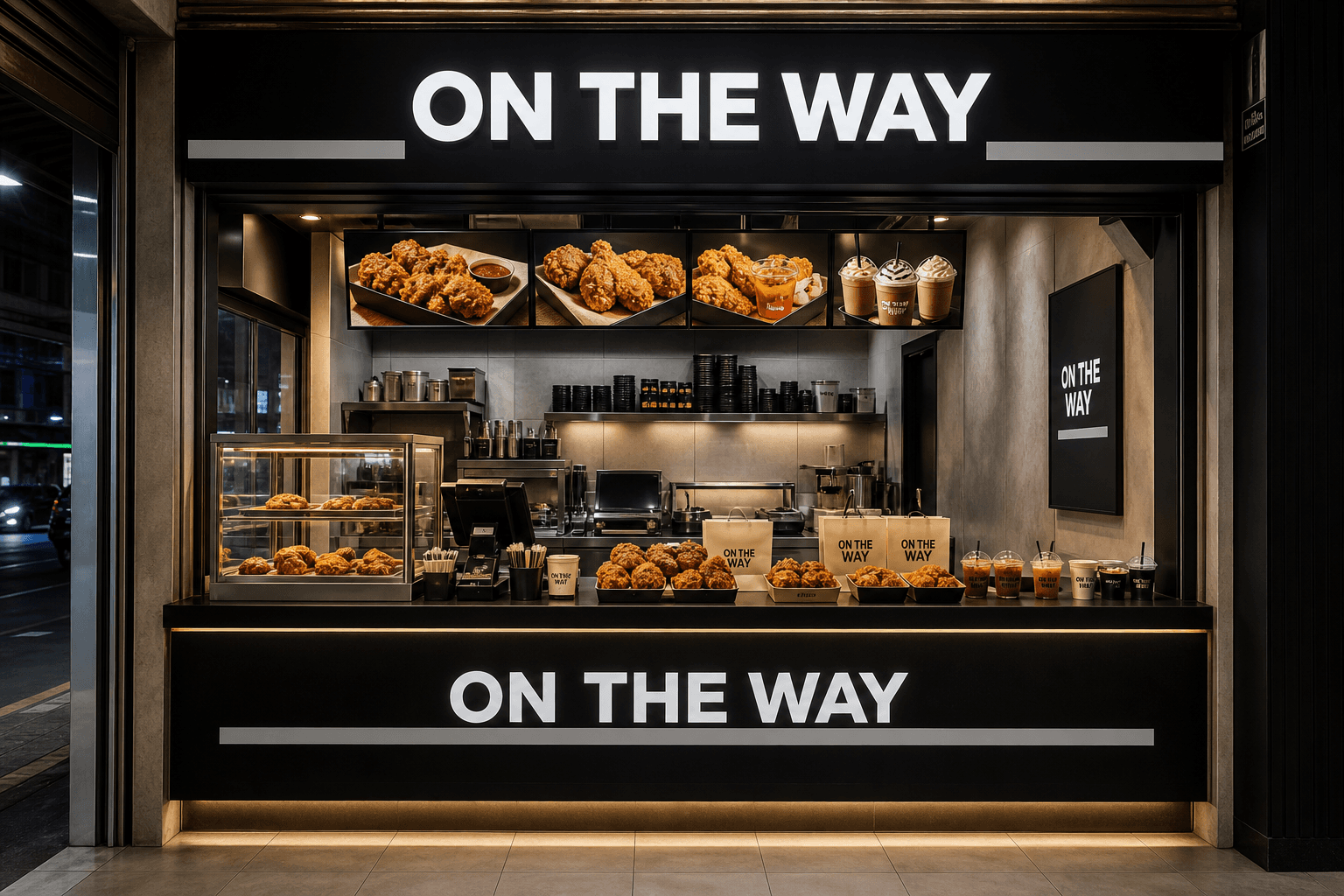On The Way take-out franchise counter with chicken trays and cafe drinks